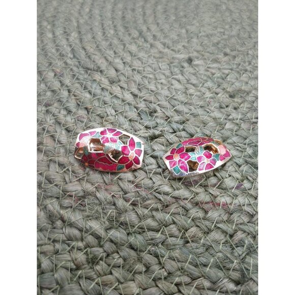Vintage Cloisonne Gold Tone Clip-On Earrings With Red & Green Floral Enamel Desi - Picture 4 of 4